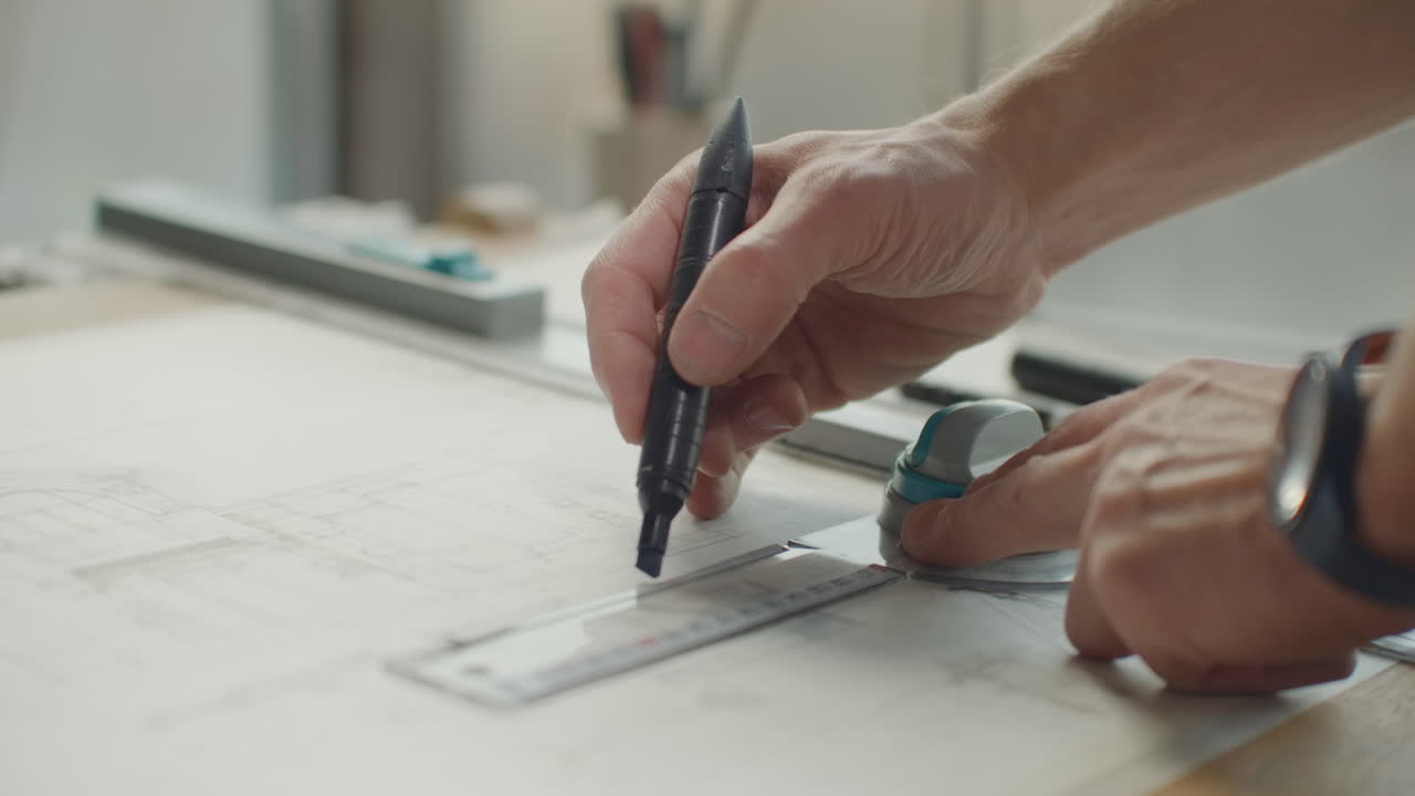escritorio del arquitecto: dibujos cinta medir regla y otras herramientas de dibujo. ingeniero trabaja con dibujos en un despacho brillante de primer plano. insturments y oficina para diseñador. manos masculinas dibujan con un lápiz.