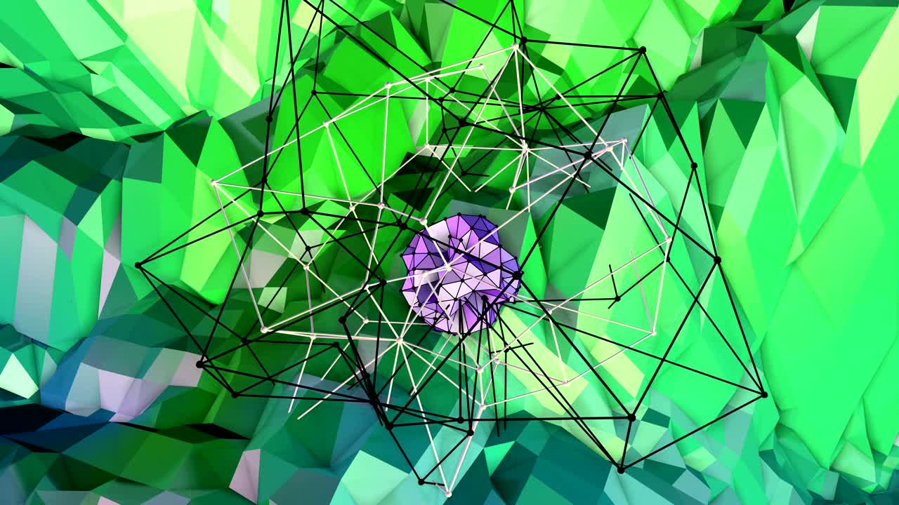 4k animación de fondo de bajo poli en bucle. animación 3d sin costuras como creativo simple de bajo poli fondo. v6 paisaje verde azul con esfera y marco móvil