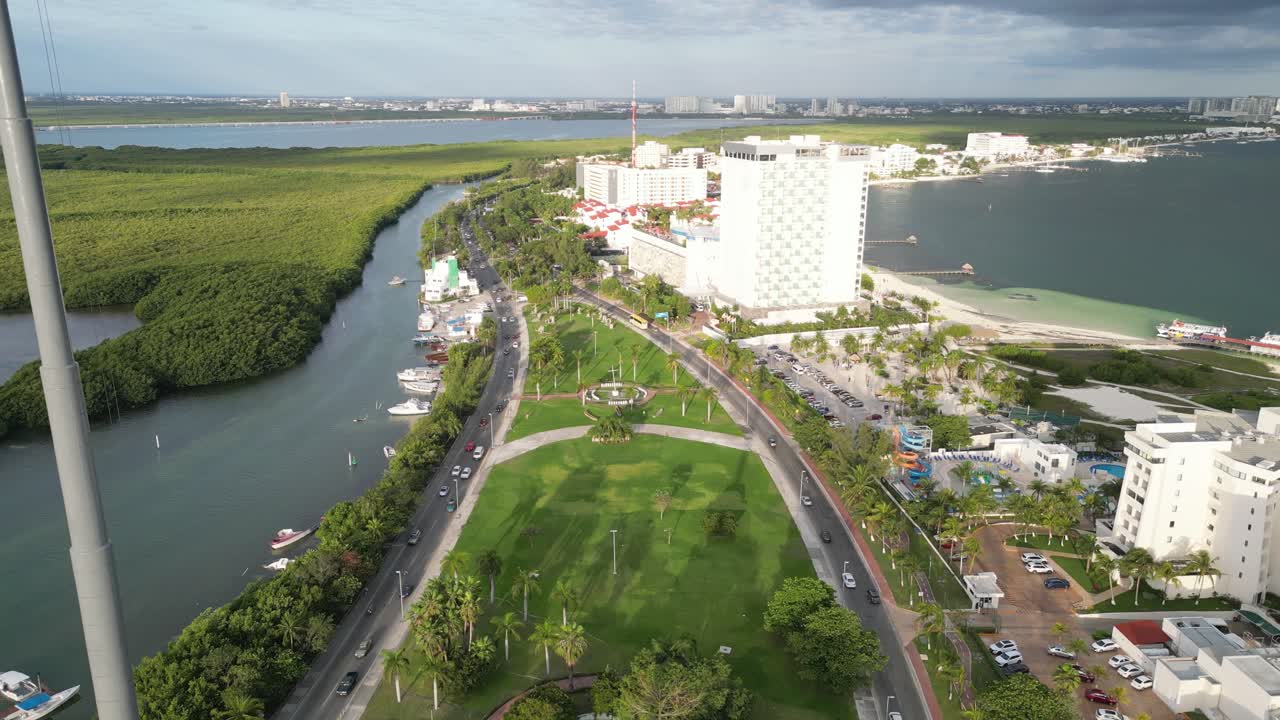 Cancun’s hotel zone, featuring playa langosta, nichupte lagoon, and resorts, aerial view