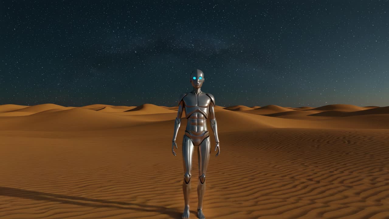 En futuristisk robot står alene i et surrealistisk ørkenlandskab under en stjerneklar nattehimmel, der kombinerer teknologi med natur i en slående visuel kontrast.