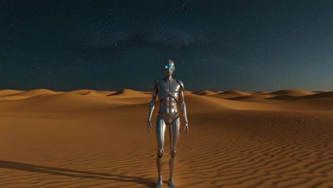 a futuristic robot stands alone in a surreal desert landscape under a starry night sky, combining technology with nature in a striking visual contrast