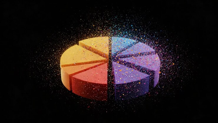 Una straordinaria rappresentazione visiva di un colorato grafico a torta in movimento con particelle scintillanti, che mette in evidenza il flusso dinamico di informazioni sui dati e le tecniche di visualizzazione creativa