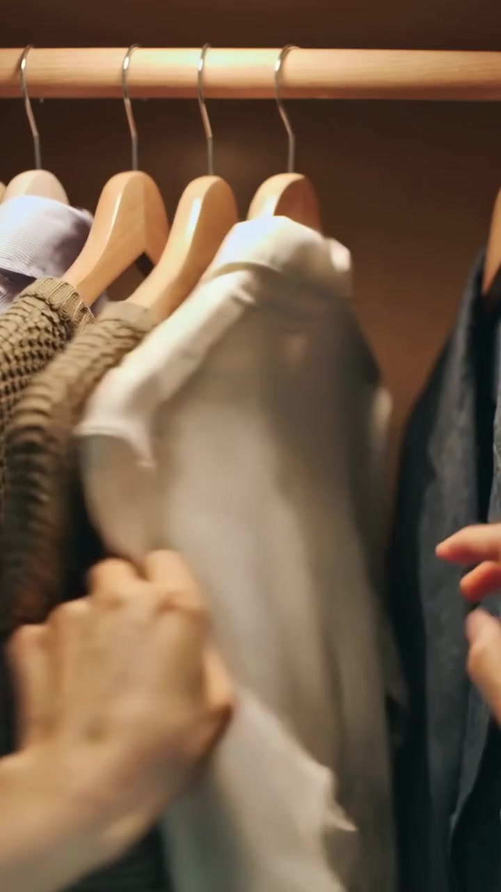 Video verticale: Mano che entra e sposta un maglione nell'armadio, controlla una camicia, sceglie un cappotto.