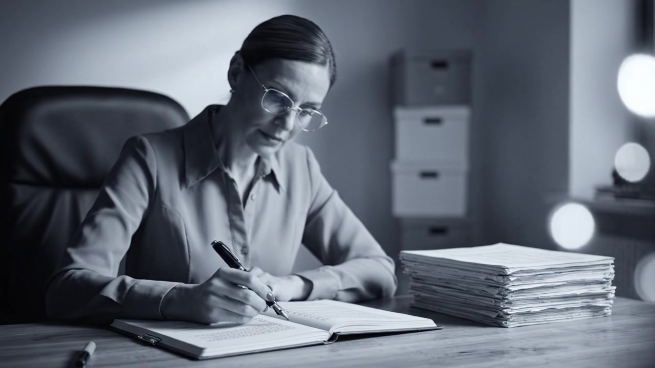 Focused Professional Woman Writing in Notebook Surrounded by Stacked Documents in a Modern Office Environment, Captured in Two Frames of a Thoughtful Moment