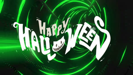 happy halloween text swirling over green tunnel background