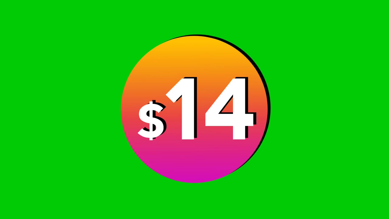 Animazione di un cartellino del prezzo di 14 dollari con grafiche animate a cerchio colorate su sfondo a schermo verde. Perfetto per annunci, e-commerce, vendita al dettaglio, sconti e come elemento video per concetti di business promozionali.