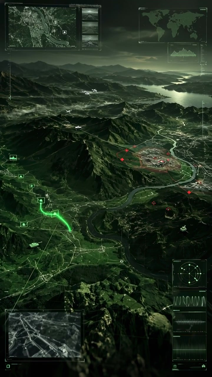 Dark mountainous terrain fills an aerial map view as a bright green path advances across roads and valleys, surrounded by red markers, grids, charts, and translucent interface overlays.