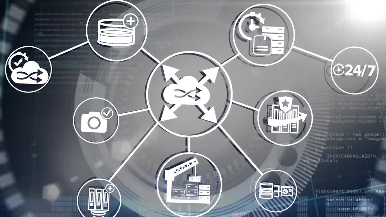 animación de la red de iconos sobre la cerradura de seguridad giratoria, sobre el procesamiento de datos, en gris