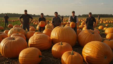 men standing in a pumpkin patch with many large pumpkins