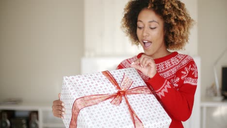 Mujer-Bastante-Joven-Abriendo-Regalo-De-Navidad