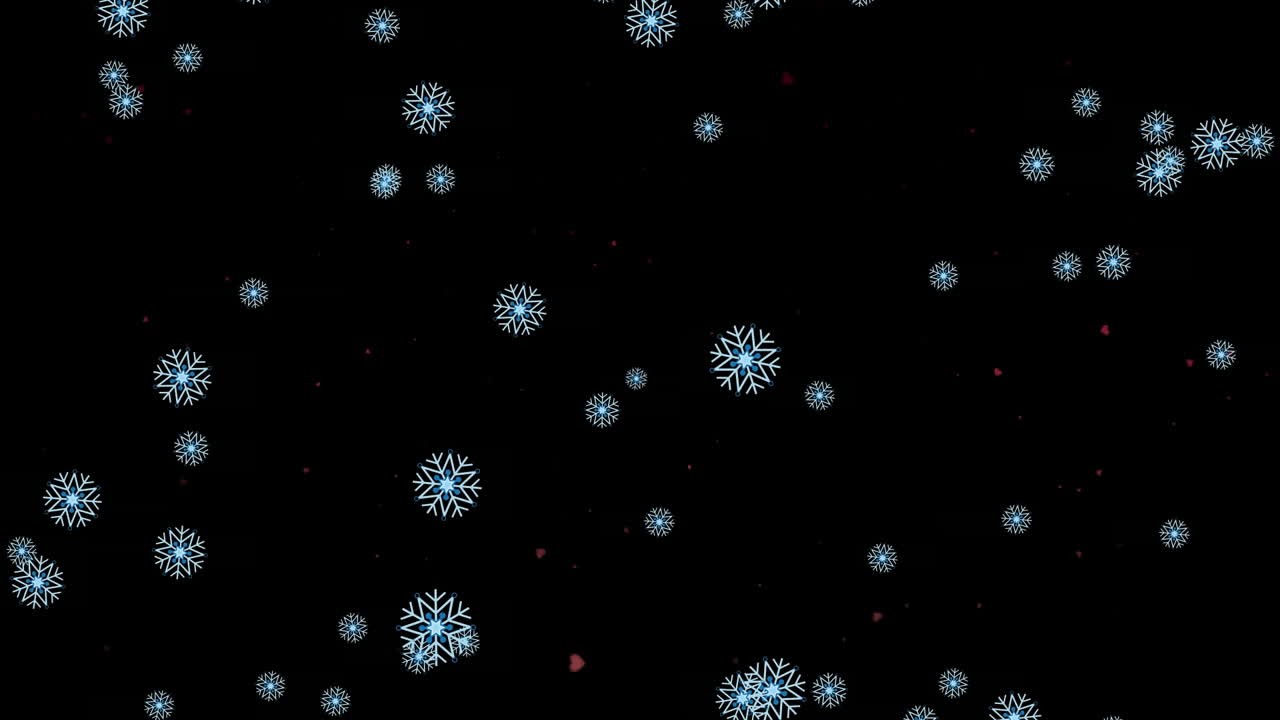 Animation of snowflakes over hearts on black background