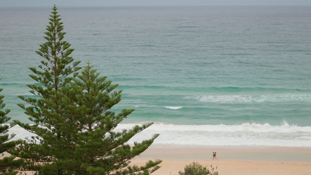 This 4K clip offers a peaceful view of distant waves breaking at Burleigh Beach, framed by lush pine trees. Filmed from a highrise balcony on an overcast day,.