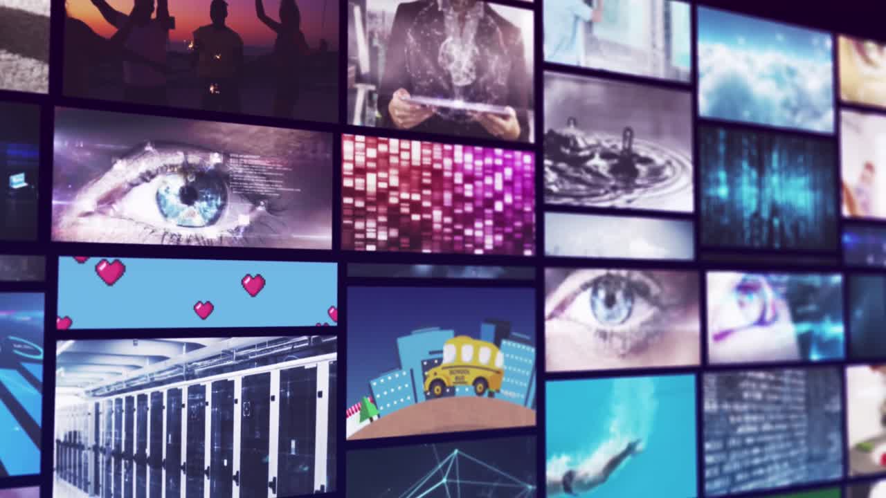 파란색 배경에 대한 데이터 처리를 가진 여러 화면의 애니메이션