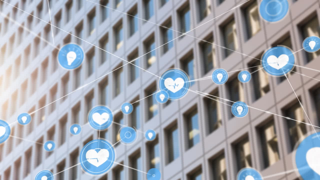 현대적인 건물 위의 아이콘과 연결 네트워크의 애니메이션