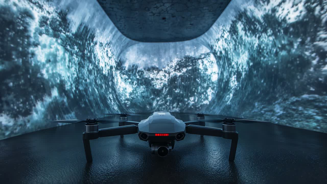 Reacting to water motion in tunnel, quadcopter spinning rotors, rear LED glowing, preparing lift
