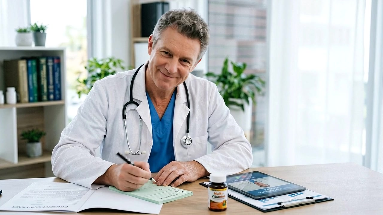 Medico professionista che esamina documenti medici e compila scartoffie alla scrivania