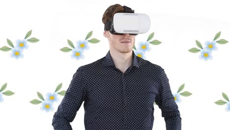 Animation-of-man-wearing-vr-headset-over-floral-background