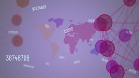 Animation-of-two-globes-of-digital-icons-and-multiple-changing-numbers-over-world-map