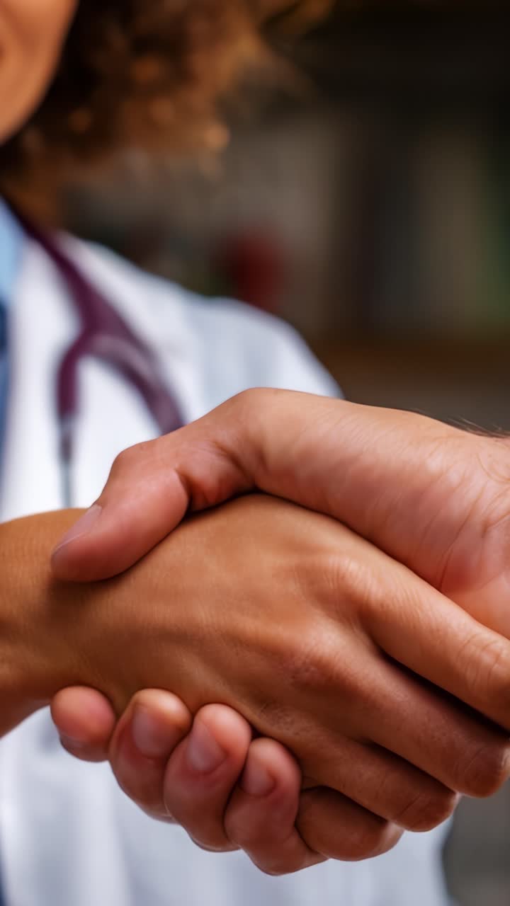 Una stretta di mano professionale che simboleggia fiducia e collaborazione tra un operatore sanitario e un paziente, evidenziando la collaborazione in ambito medico e i sistemi di supporto