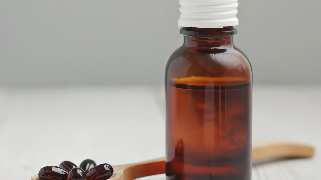 Transparent brown medicine bottle with white cap positioned near wooden spoon holding red pills, showcasing pharmaceutical product against neutral gray background