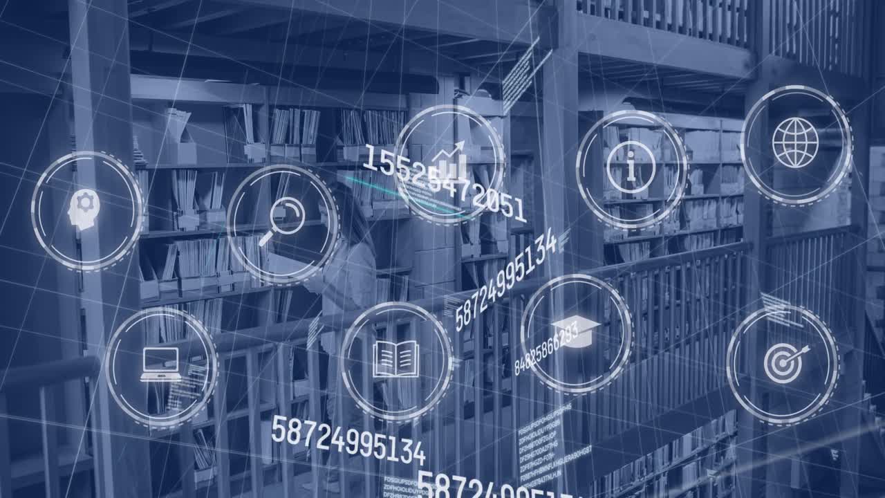 animación de la red de iconos y procesamiento de datos sobre la mujer caucásica en la biblioteca