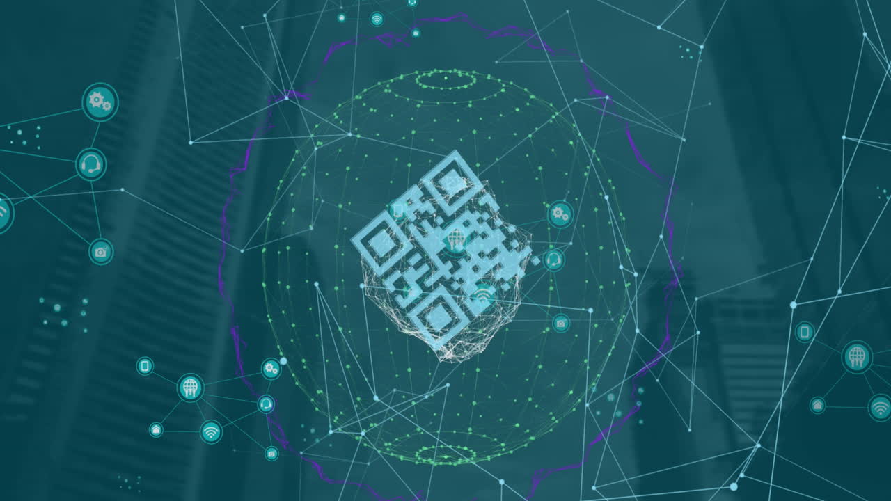 animación de códigos de barras en bucle con puntos y globos conectados sobre edificios modernos contra el cielo