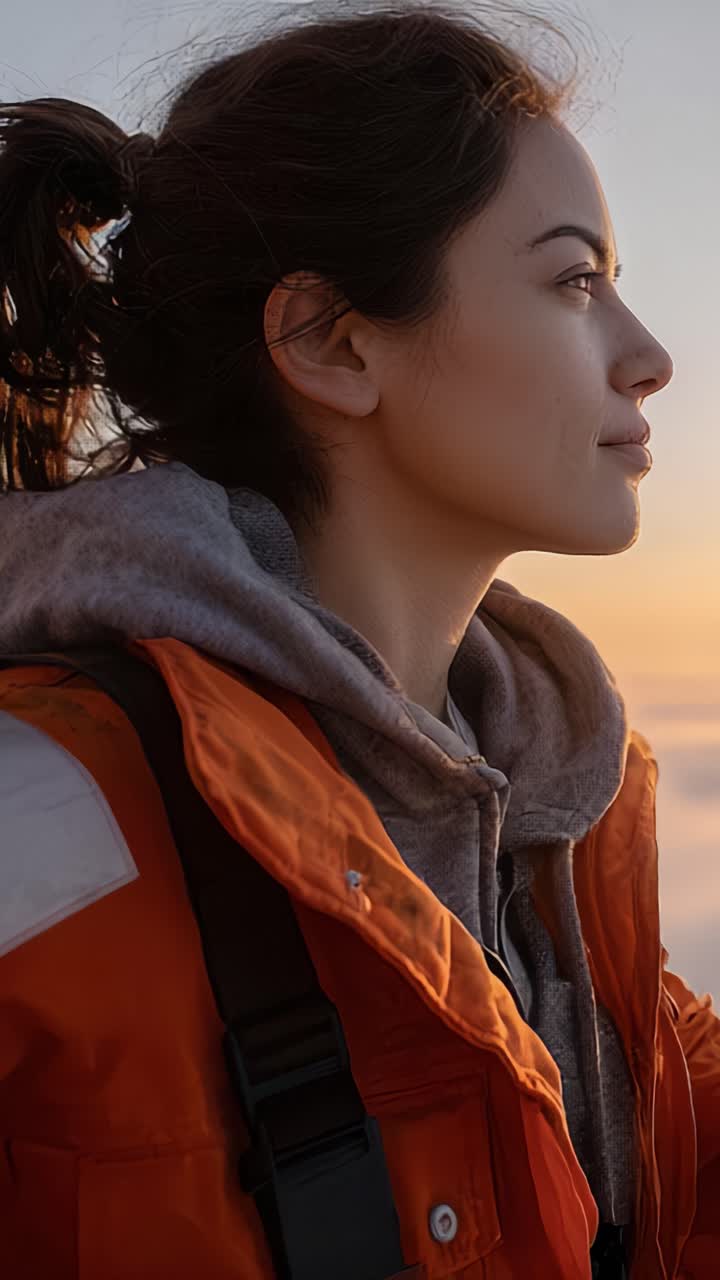 Bellezza contemplativa al tramonto: profilo di una giovane donna con una giacca arancione sullo sfondo di un meraviglioso cielo al tramonto, che irradia pace e riflessività