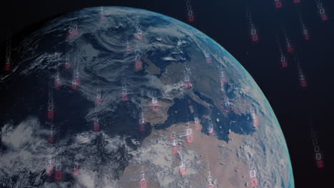 animating binary code over earth from space, representing global digital connectivity