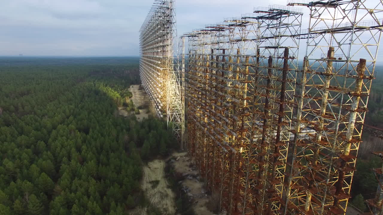 Aerial view of the massive Duga radar array, a Soviet-era relic in the Chernobyl Exclusion Zone