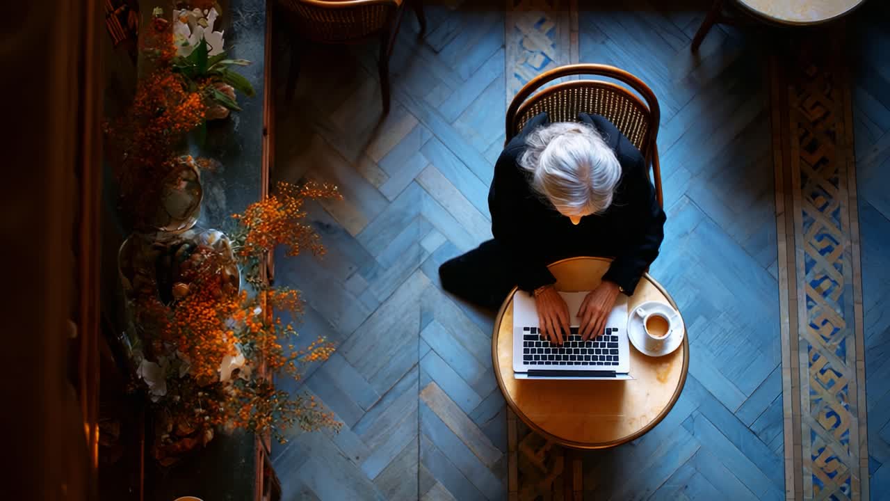 A Focused Individual Engaged in Writing or Work at a Cozy Café, Surrounded by Beautiful Floral Arrangements and a Warm Atmosphere, Ideal for Productivity and Inspiration