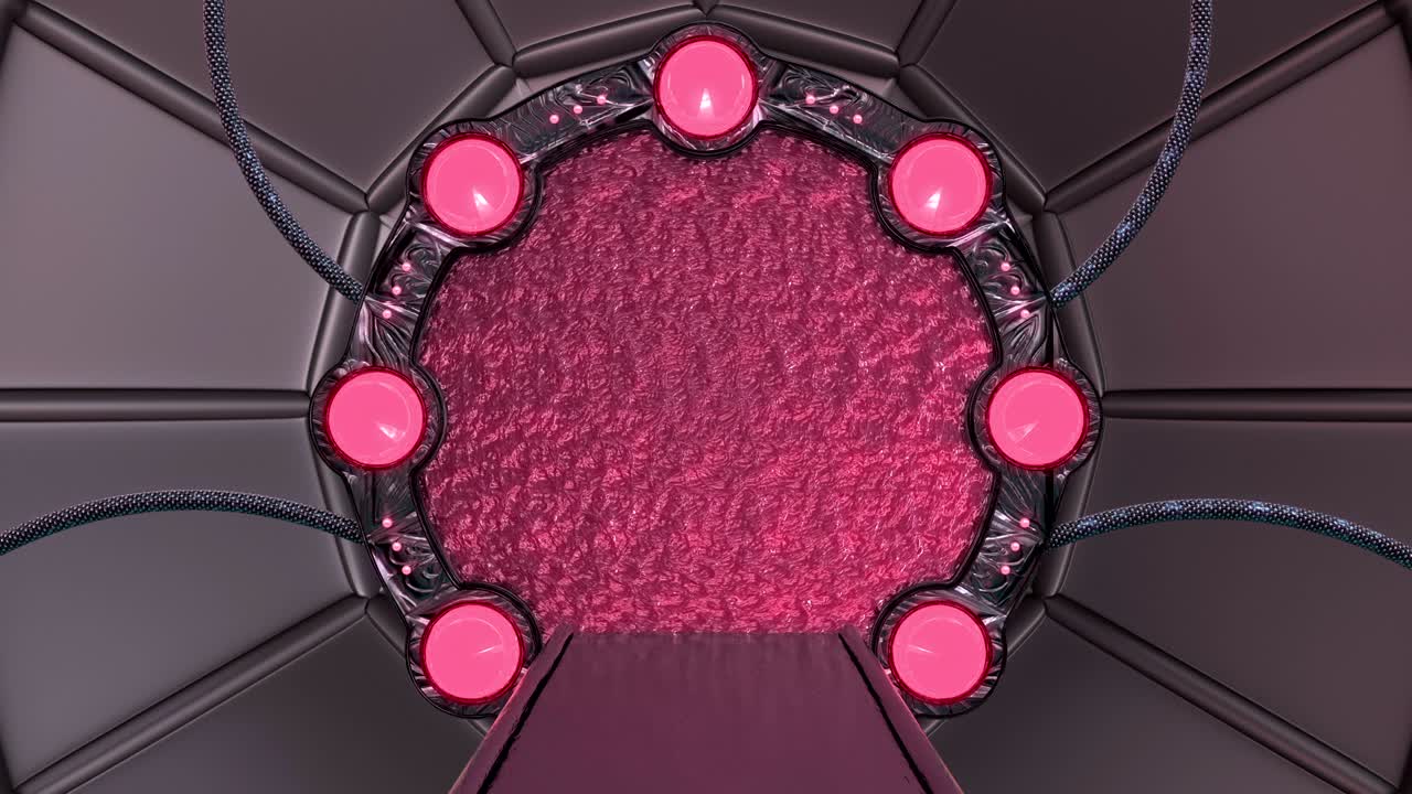 la escotilla de hierro abre una vista panorámica a la escena del paisaje de la nave espacial. fondo abstracto 3d de corredor de ciencia ficción con portal. tecnología futurista abstracto vj para títulos tecnológicos y fondo.