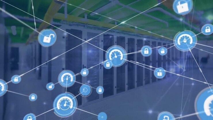 Animation of network of connections with icons over server room