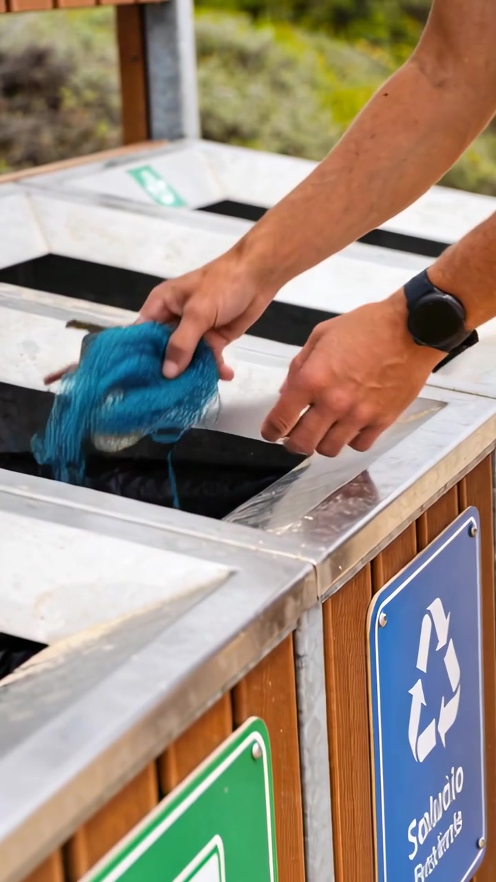 Vertical video: Holding bottle, hands sorting blue yarn and disc at park recycling unit for reuse