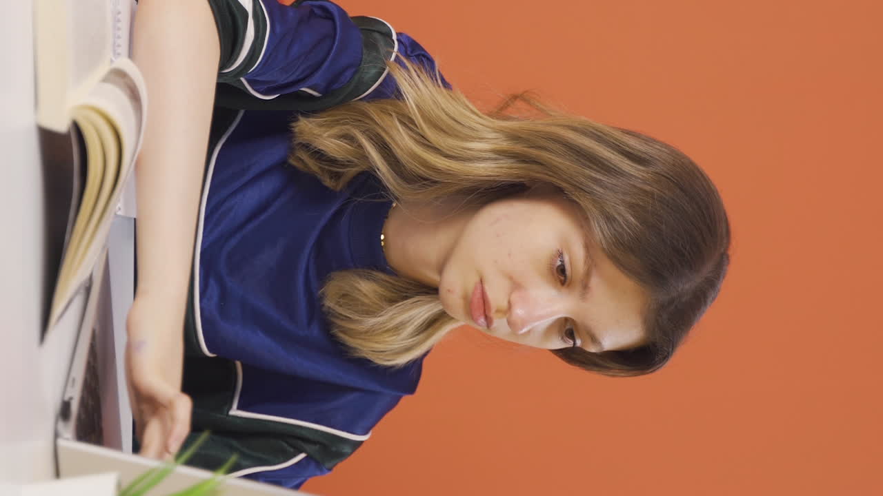 노트북을 사용하는 젊은 여성의 부정적인 표현의 수직 비디오.