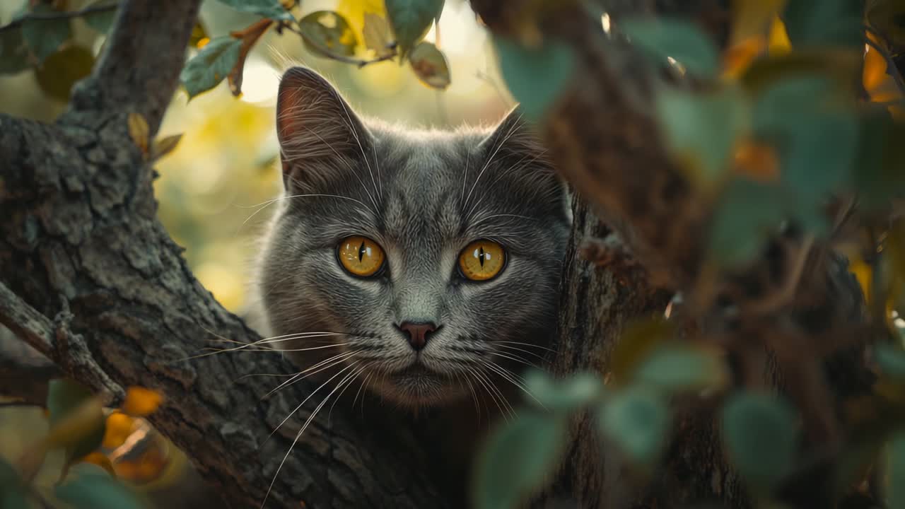 Gatto grigio che spunta da dietro il tronco di un albero, mentre osserva un punto nascosto in un giardino verdeggiante, con le orecchie che si muovono.
