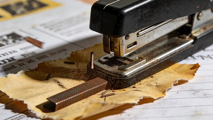 Cucitrice di metallo nero che preme tagliando una striscia di punti metallici di rame su un giornale, spargendo frammenti di metallo
