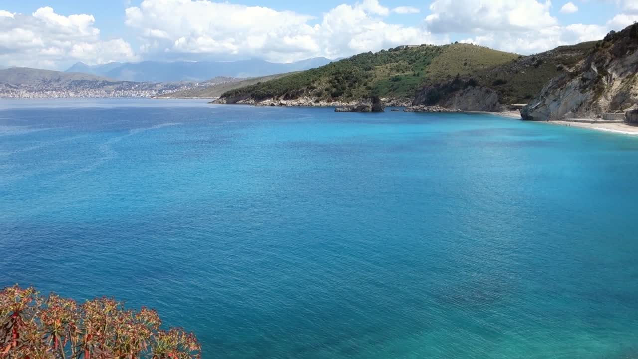 panoramic view of Shpella and Pellumbave beach in Saranda, Albanian riviera