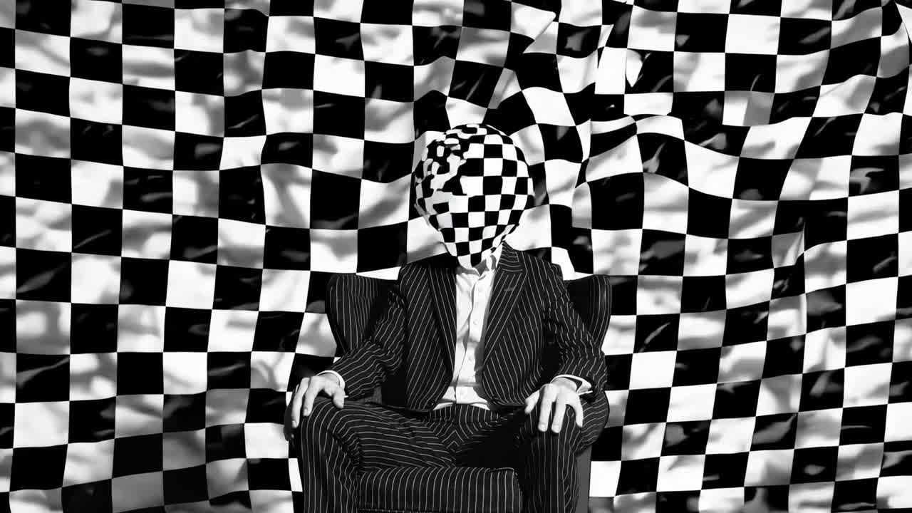 Corporate identity fragmentation visualized, surreal businessman with checkered sphere head sitting amidst minimalist geometric studio environment