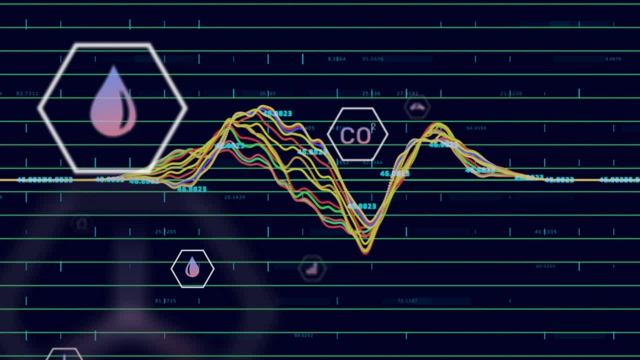 Data spike initiating waveform rising and falling, visualizing metrics with floating hex icons