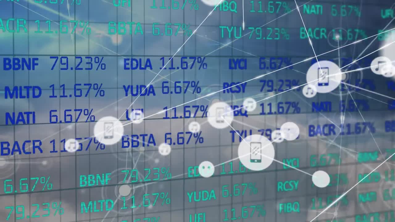Animation of network of digital icons over stock market data processing against clouds in the sky