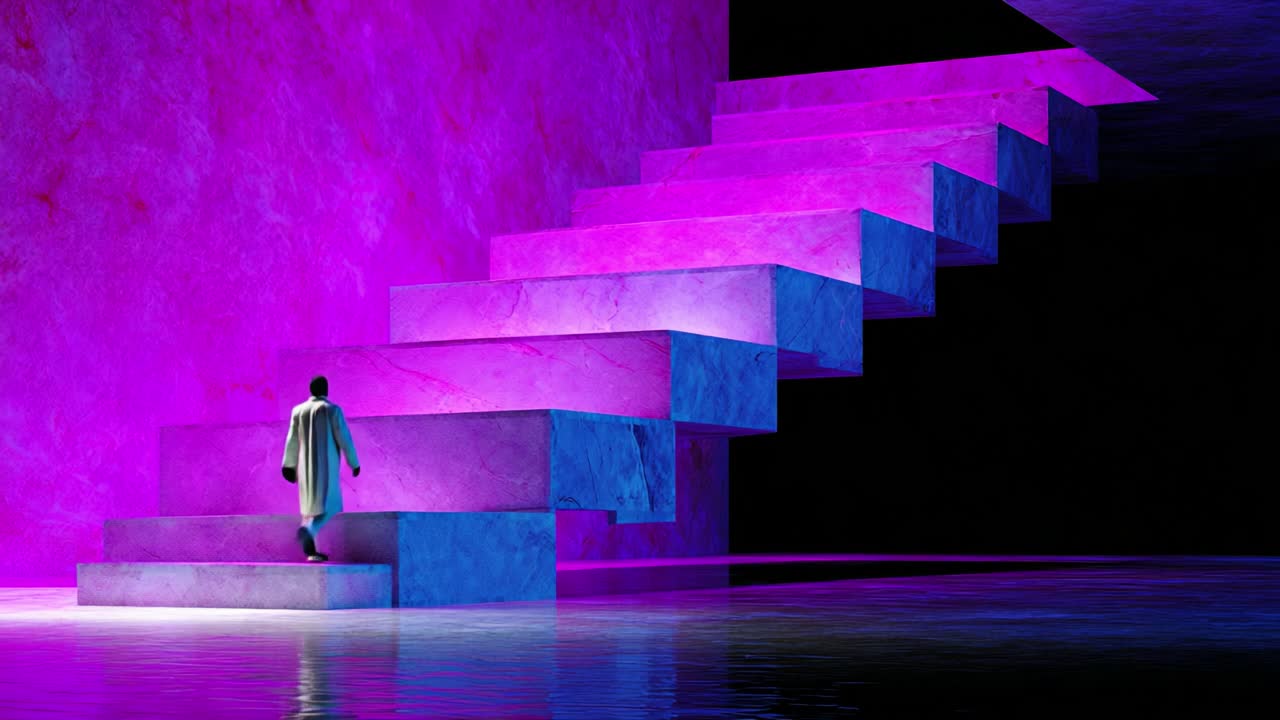 A Mysterious Ascension: A Sole Figure Climbing Ethereal Steps Bathed in Vibrant Purple Light, Surrounded by an Enigmatic Reflection in a Dark Yet Captivating Space, Symbolizing Transition and Discovery