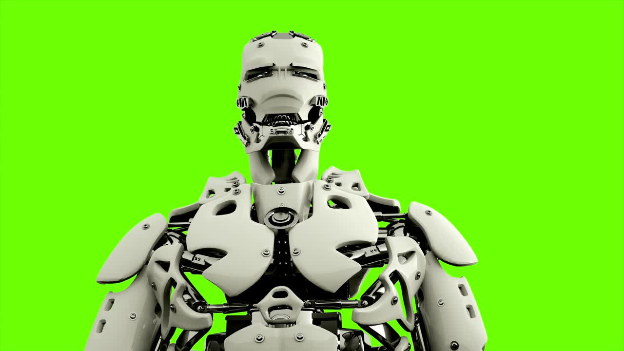Robot android presses the keys. Realistic looped motion on green screen background. 4K