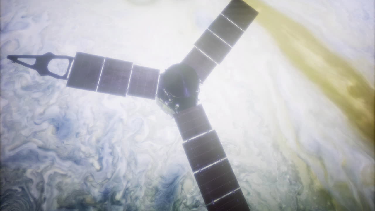 la nave espacial juno captura una vista detallada de la atmósfera y las nubes de júpiter.