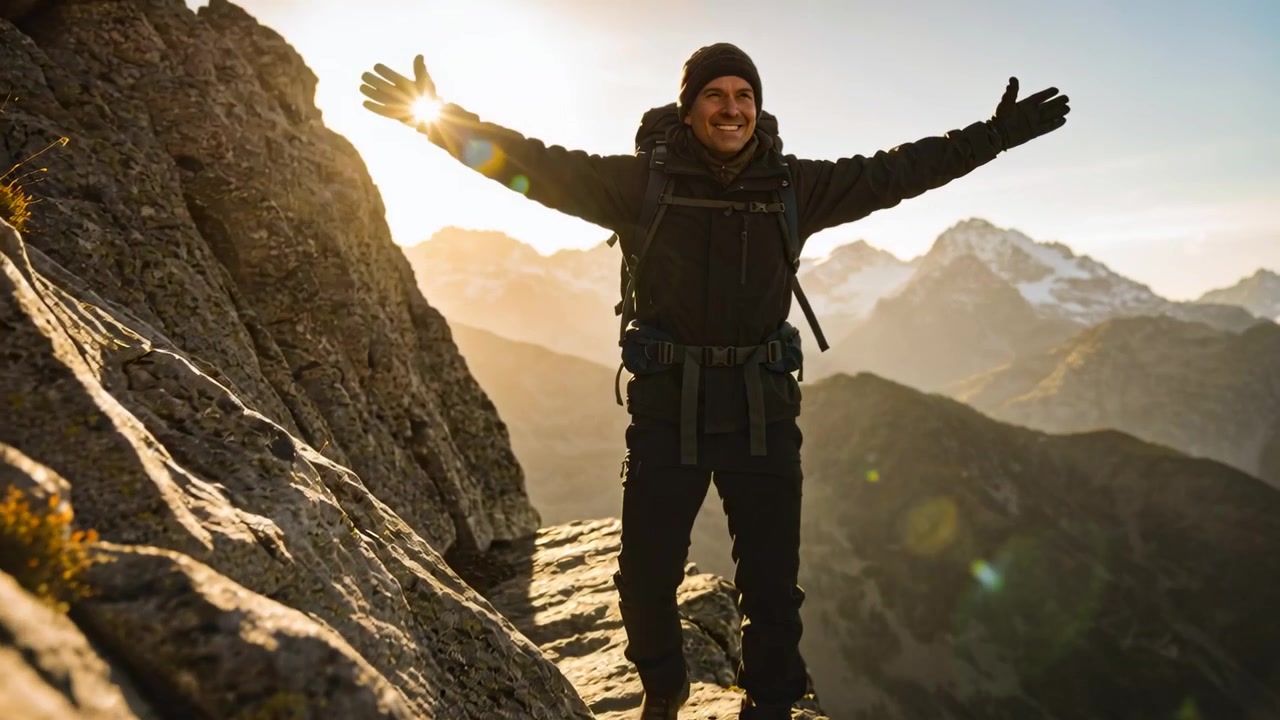 Escursionista con cappotto e zaino che sale su una sporgenza, cammina lungo il crinale, si gira, sorride, ammirando il panorama su una cima illuminata dal sole.