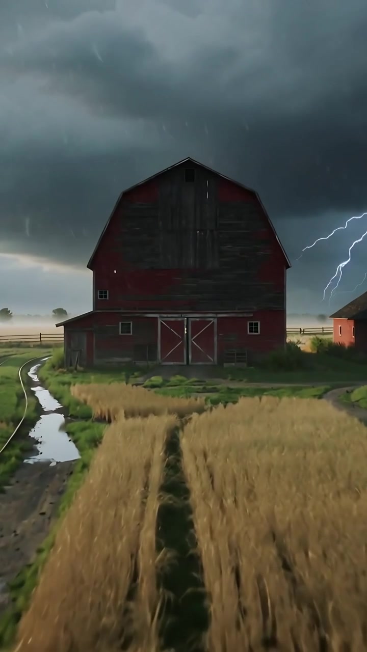 Vertikal video: Stormdrevet kamera bevæger sig langs slået sti på marken mod lade, hvede bølger