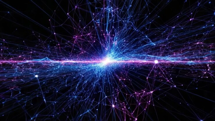 A Stunning Visual Representation of Dynamic Energy Flow with Vivid Blue and Pink Light Trails Intertwining Against a Dark Background, Capturing the Essence of Cosmic Connectivity