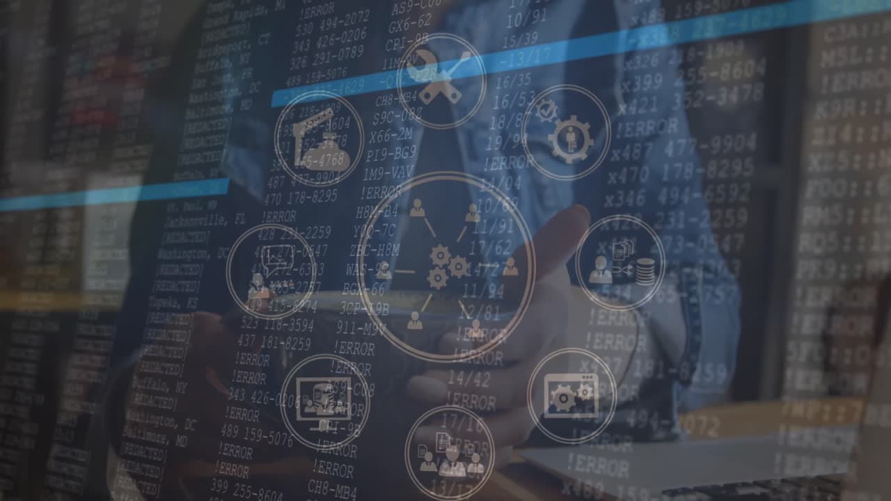 animación de procesamiento de datos con red de conexiones sobre mujer biracial bebiendo café.