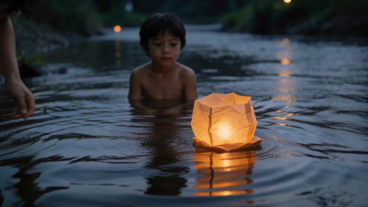 Adulto che guida una lanterna accesa nel fiume al tramonto per un bambino che guarda, bambino a torso nudo che osserva
