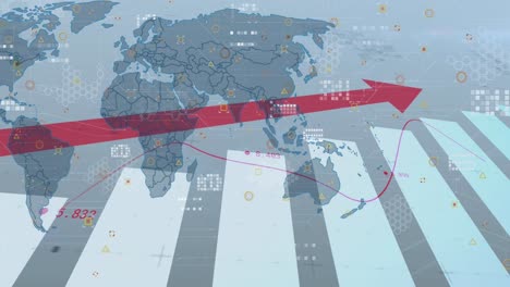 animación de la flecha en el gráfico sobre el mapa y cambios de números contra un fondo abstracto.