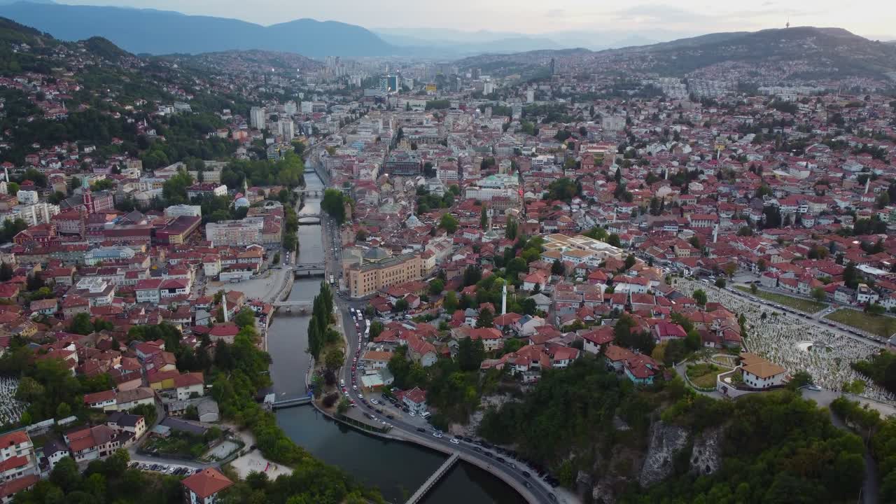 Drone view over Sarajevo city at sunset - Bosnia and Herzegovina